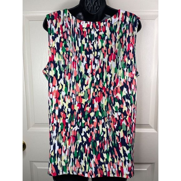 Jones Studio Blouse Womens Plus Size 1X Sleeveless Pink Green Yellow Stretch Top - Picture 7 of 8